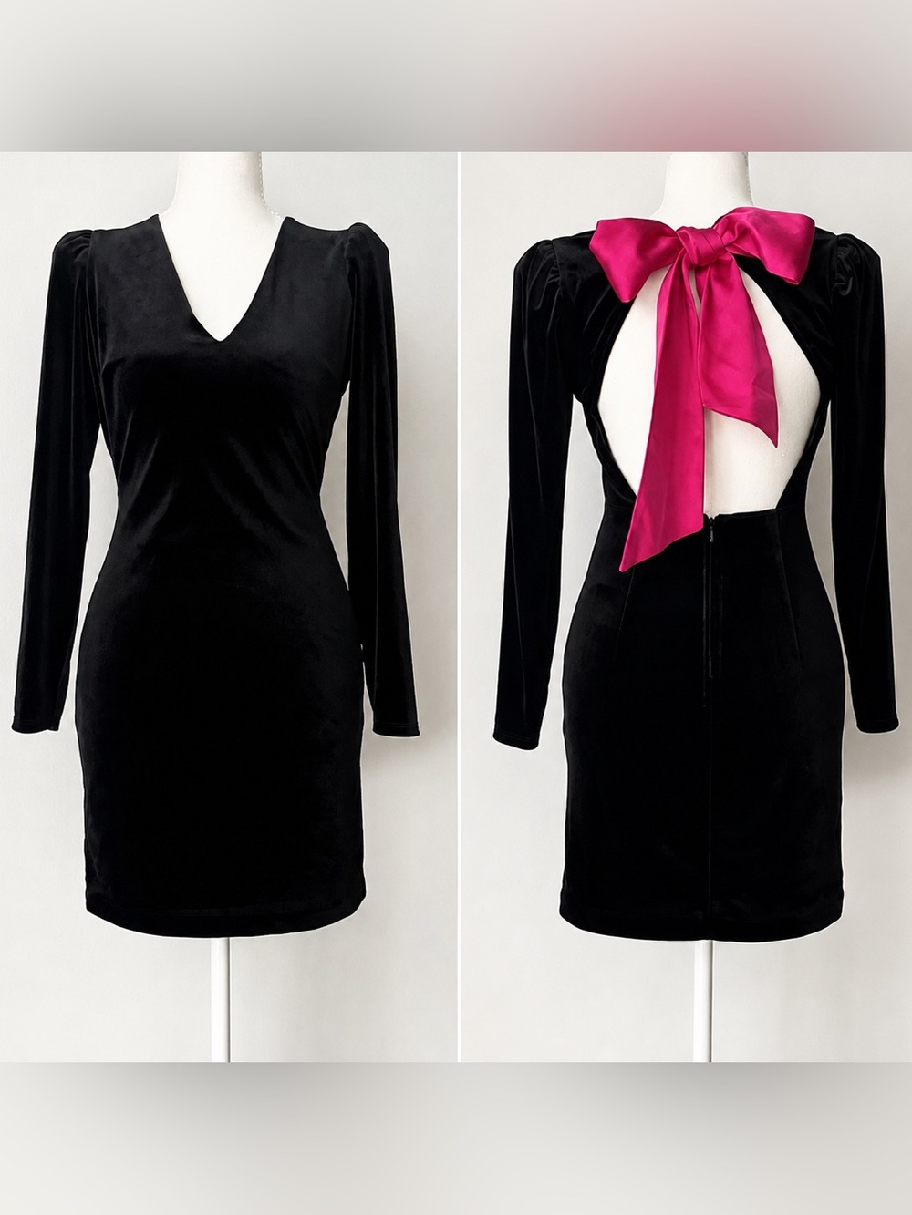 Express Little Black Velour Mini Dress LBD XS Low Back Pink Bow Bodycon Sexy